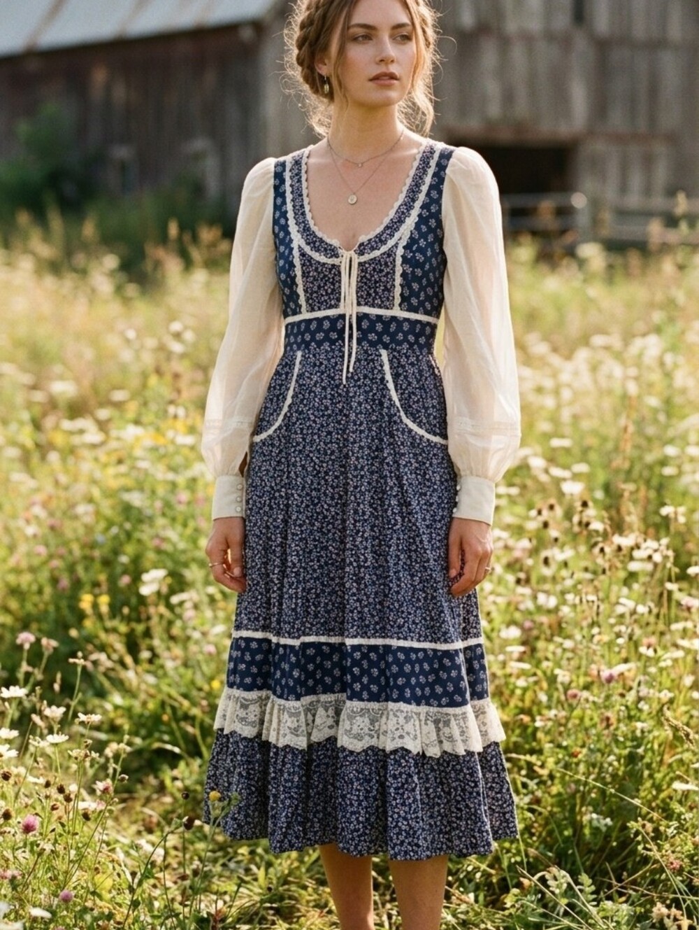 Vintage Gunne Sax Jessica McClintock Rare Floral Print Prairie Dress Frock S 9